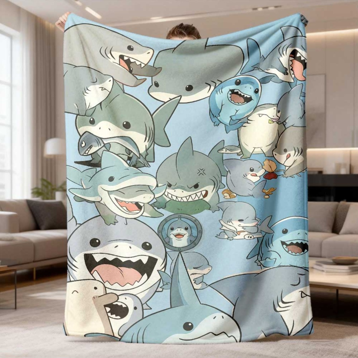 Baby Nursery Ocean - Large Cartoon Baby Sharks Fleece Throw