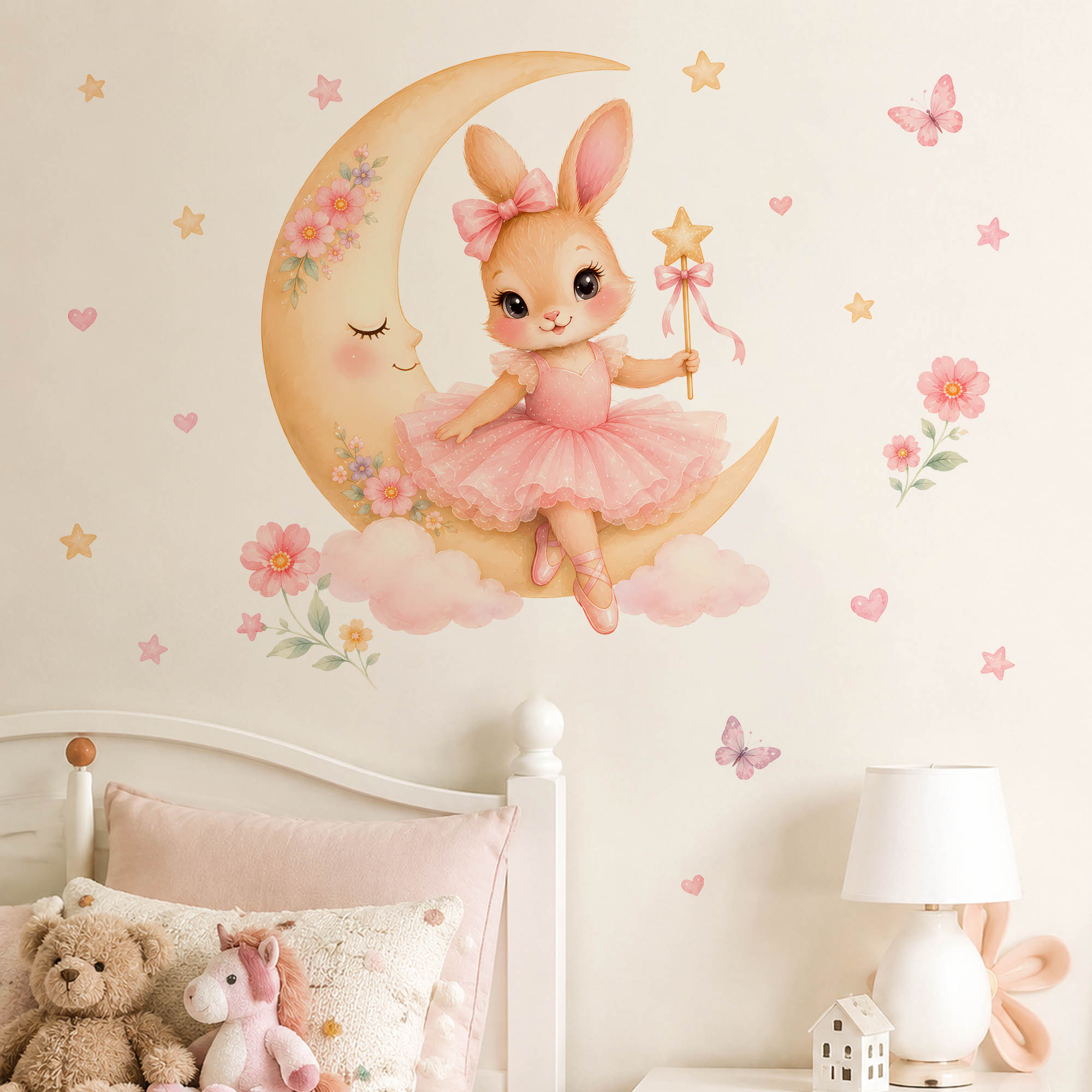 Baby Nursery Decals - Watercolor Ballerina Bunny Moon Wall Stickers