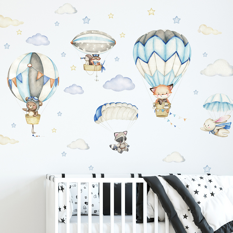Baby Nursery Decals - Cartoon Cute Animals Hot Air Balloon