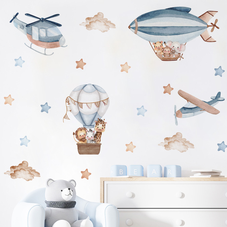 Baby Nursery Decals - Watercolor Animals Hot Air Balloon Clouds